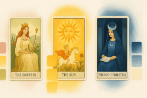 Three tarot cards with vibrant colors.