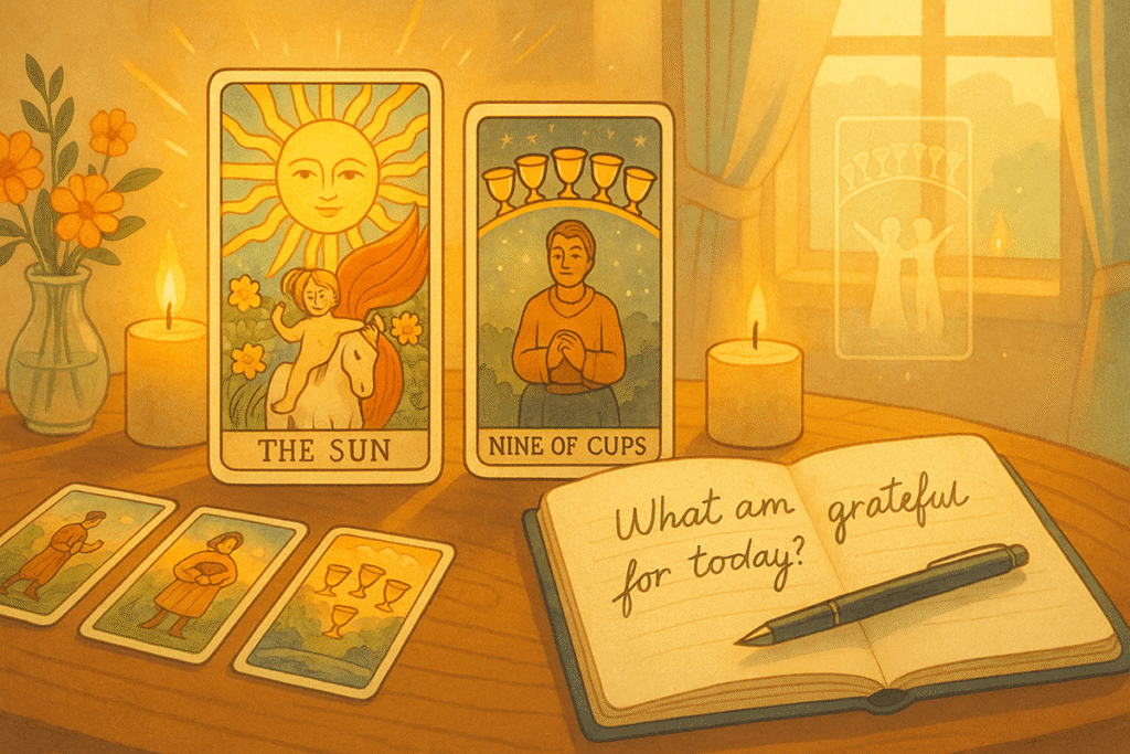 Tarot cards and gratitude journal setup.