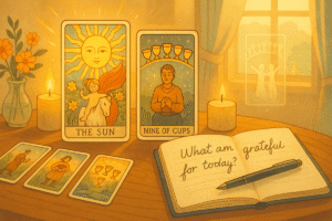 Tarot cards and gratitude journal setup.