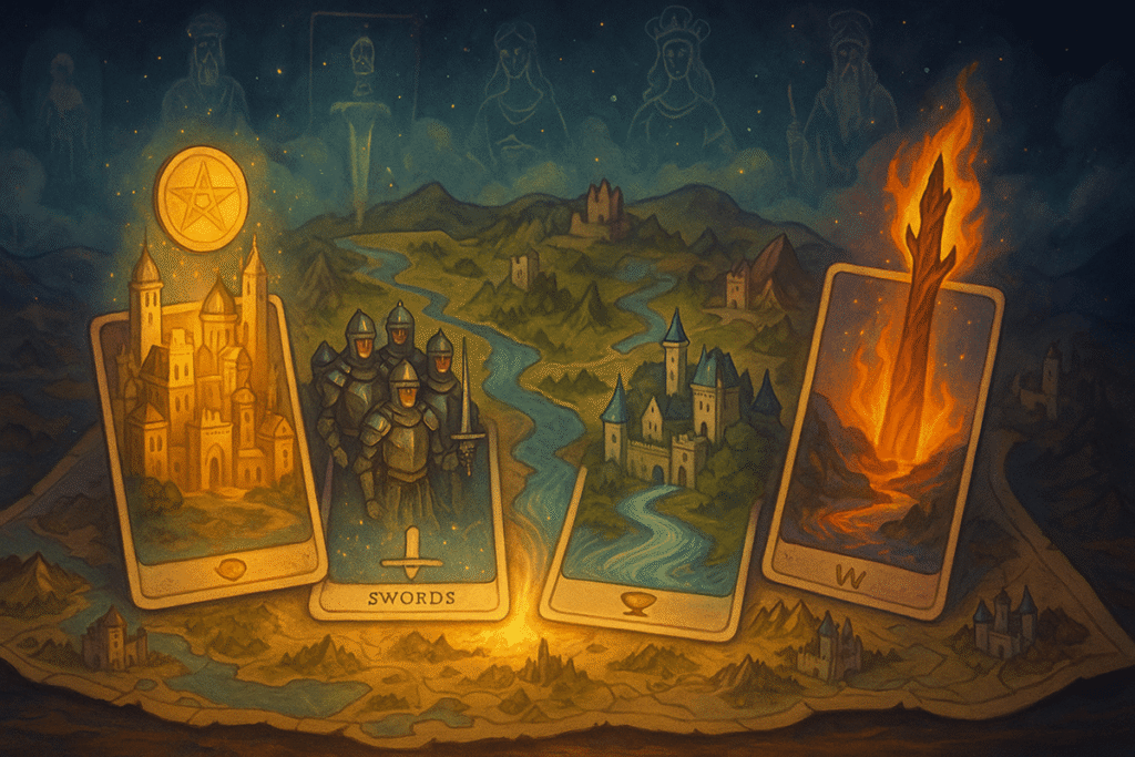 Fantasy landscape with tarot cards.