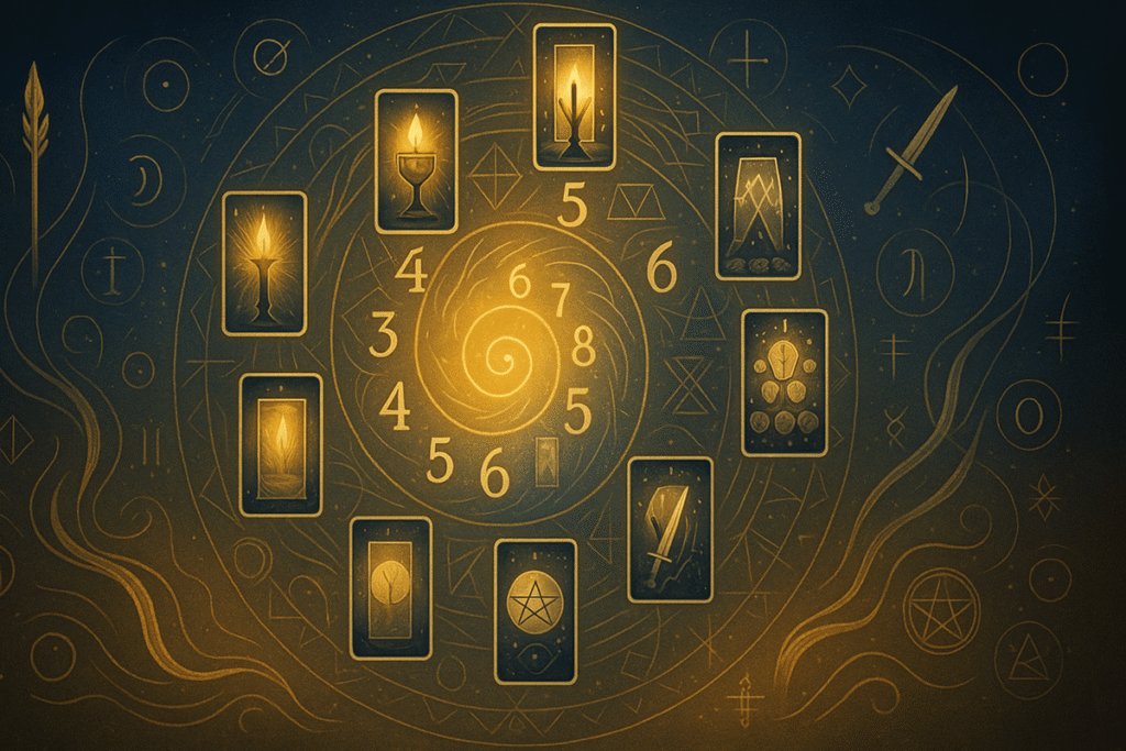 Tarot cards arranged in a spiral.