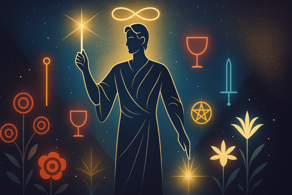 Magician surrounded by mystical symbols.