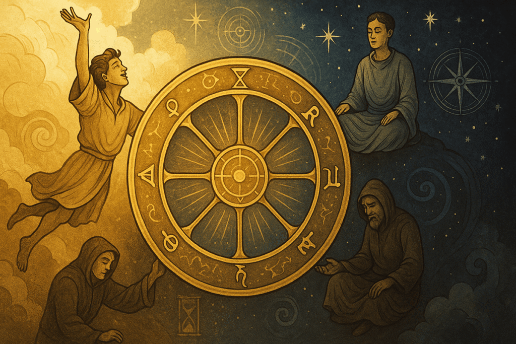Astrological symbols surrounding a central wheel.