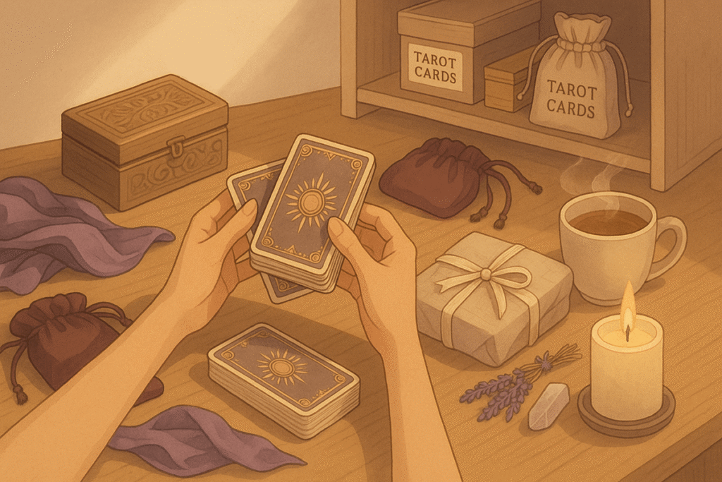 Person handling tarot cards thoughtfully.