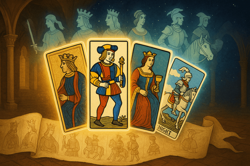 Colorful tarot cards with royal figures