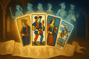 Colorful tarot cards with royal figures