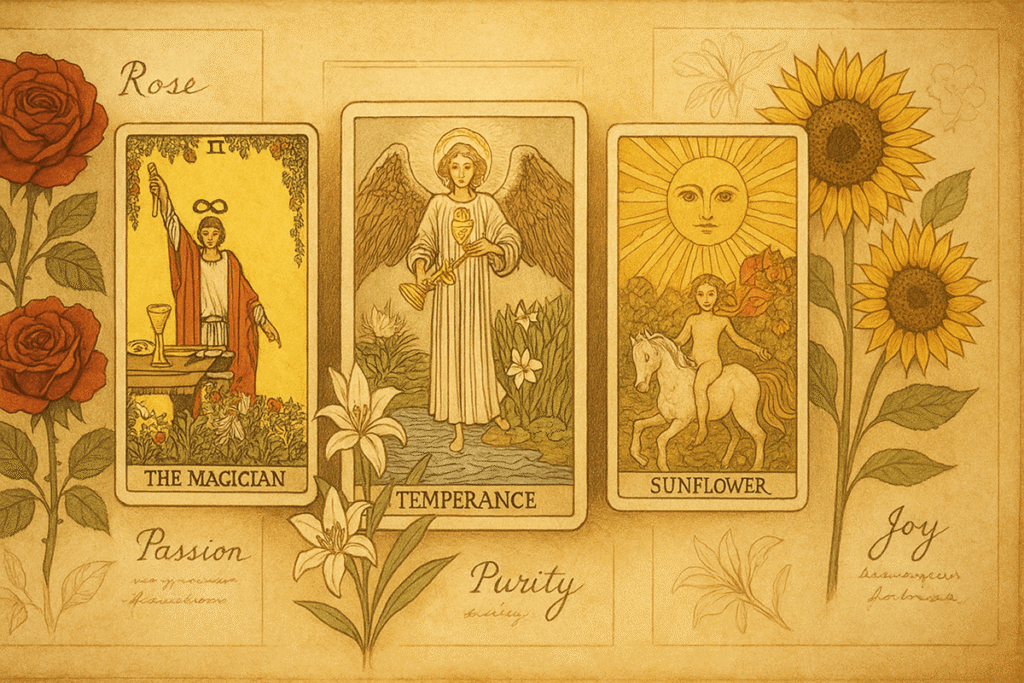 Tarot cards featuring flowers and symbols.