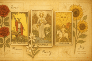 Tarot cards featuring flowers and symbols.