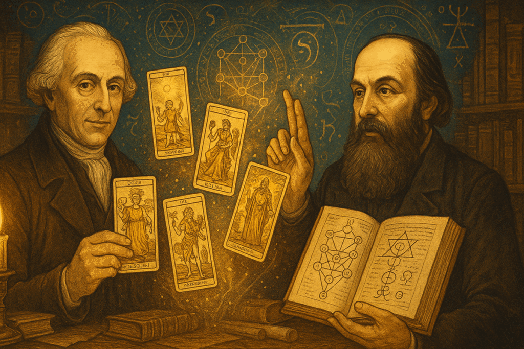 Two figures studying tarot cards together.