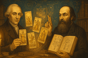 Two figures studying tarot cards together.