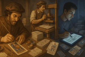 Artists creating tarot cards together.