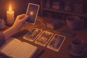 Tarot reading with candle and notebook