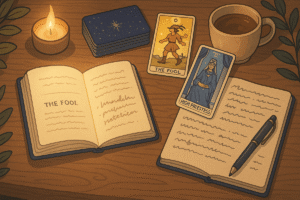 Tarot cards, notebook, candle, coffee.