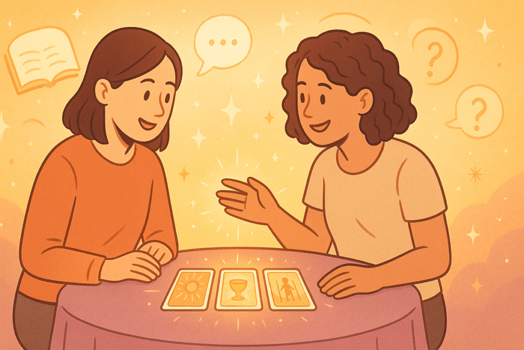 Two friends discussing tarot cards.