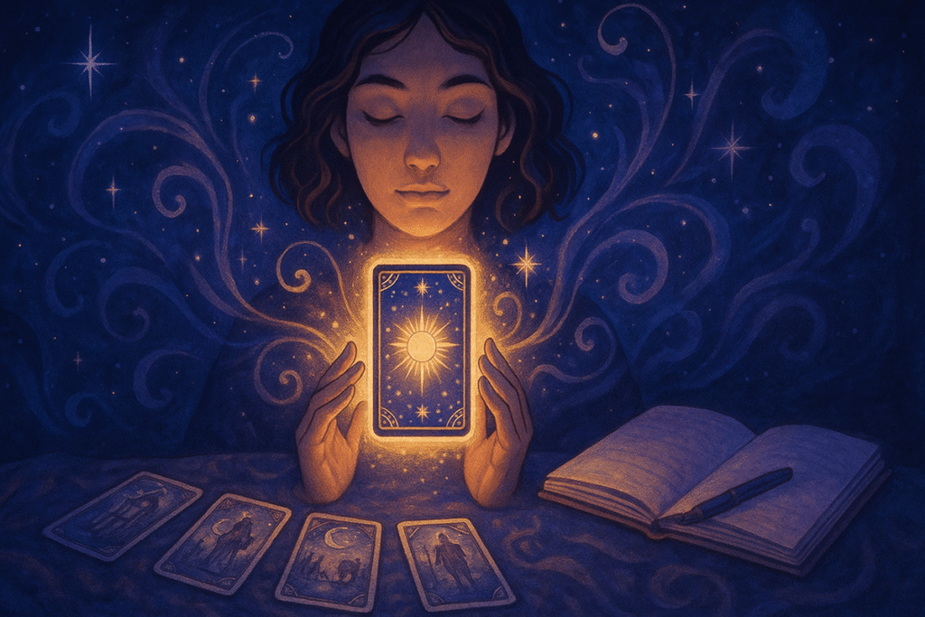 Tarot reading with glowing card.