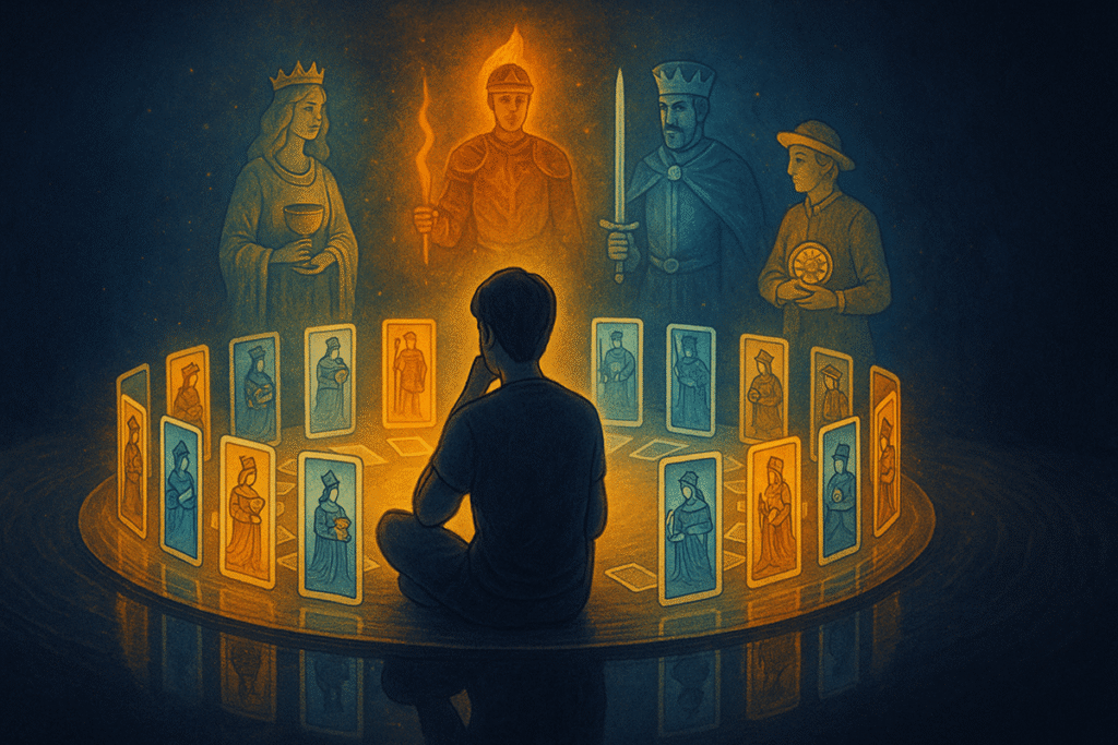 Person contemplating tarot card spread.
