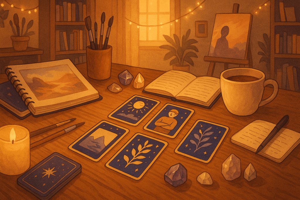 Cozy workspace with tarot cards.