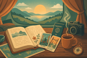 Travel journal with tarot cards and coffee