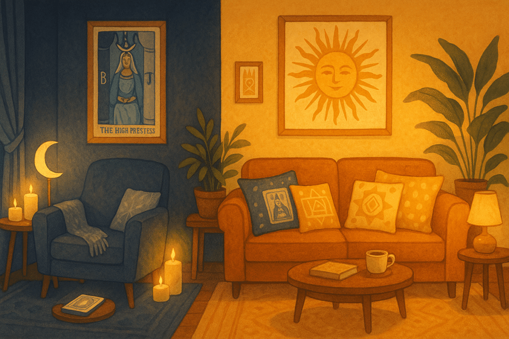 Cozy living room with tarot decor.