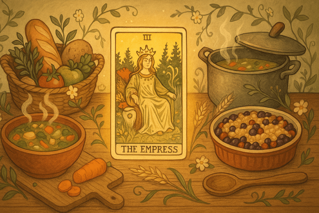 Empress card with comforting food scene.