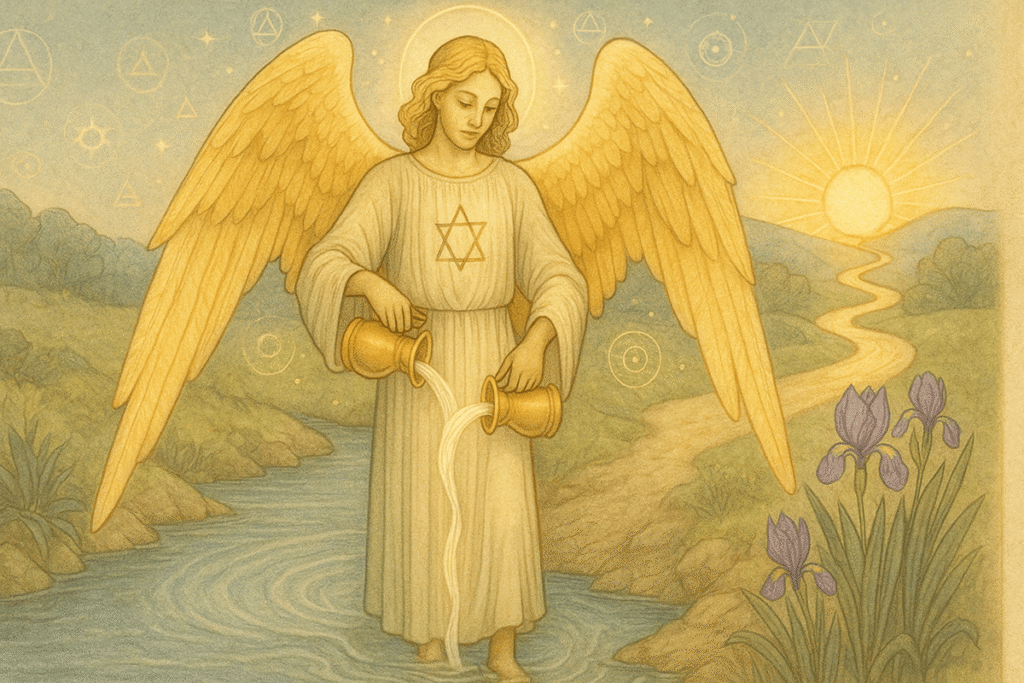 Angel pouring water between two cups.