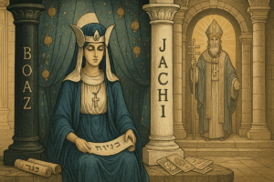 Two pillars with symbolic figures.